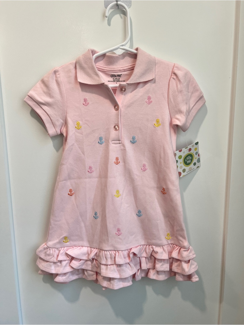 Little Me Pink Anchor Embroidered Ruffle Hem Dress | 2T